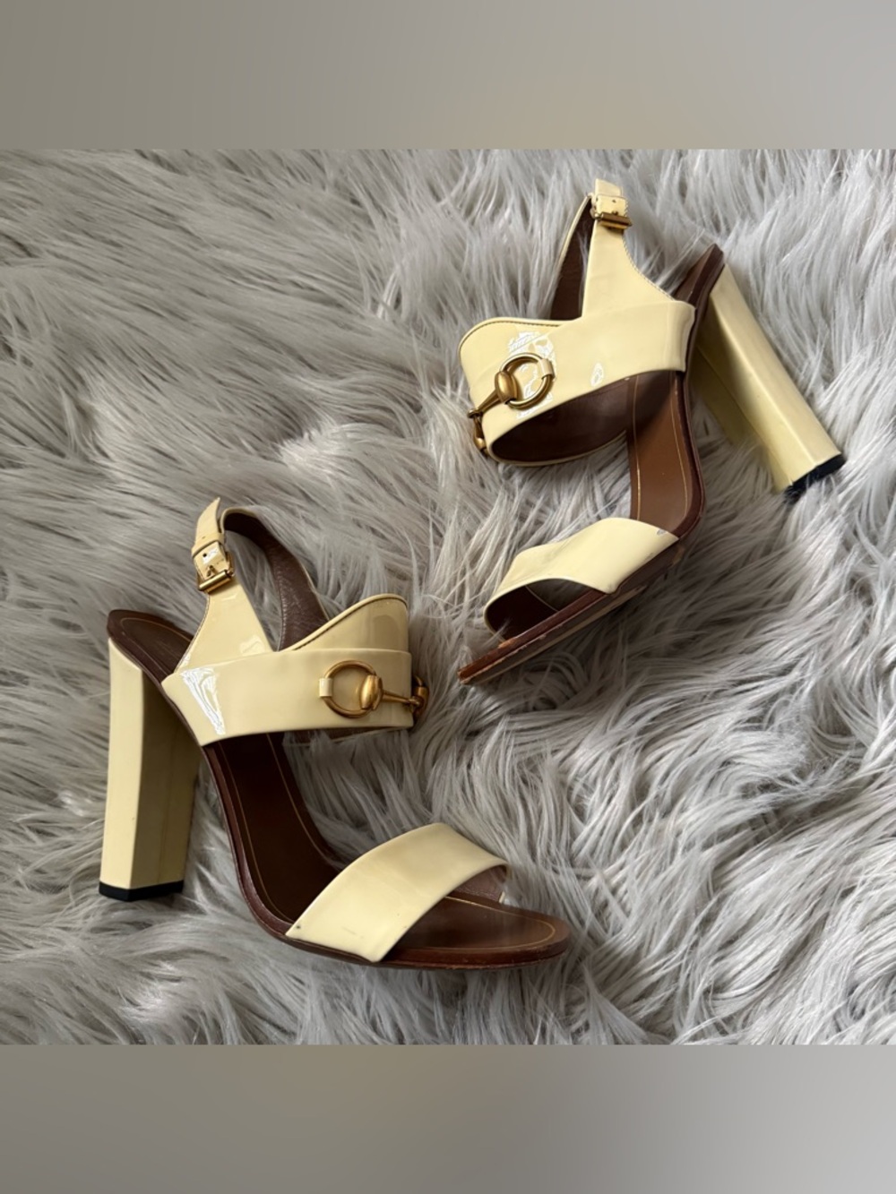GUCCI Alyssa Horsebit Patent Leather Sandals Block Heel  Size 38 Size 8 - Picture 3 of 11